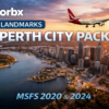 Orbx Landmarks Perth City Pack for MSFS 2020 and 2024 featuring Perth skyline and Swan River approach